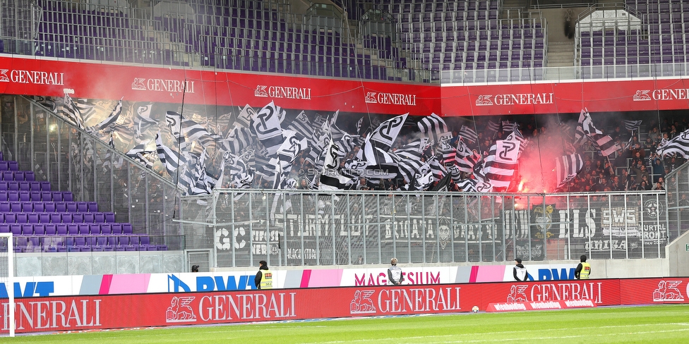 Austria Wien - Sturm Graz
Oesterreichische Fussball Bundesliga, 10. Runde, FK Austria Wien - SK Sturm Graz, Franz Horr Stadion Wien, 06.10.2019. 

Foto zeigt Fans von Sturm mit einer Choreografie
Schlüsselwörter: pyrotechnik