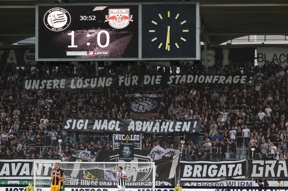 Sturm Graz - Salzburg
Oesterreichische Fussball Bundesliga, 11. Runde, SK Sturm Graz - FC RB Salzburg, Stadion Liebenau Graz, 19.10.2019. 

Foto zeigt Fans von Sturm mit einem Spruchband
Schlüsselwörter: protest sturmstadion