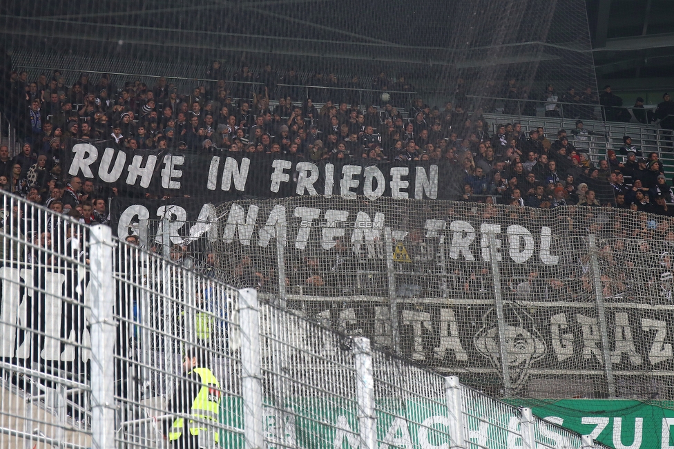 Rapid Wien - Sturm Graz
Oesterreichische Fussball Bundesliga, 15. Runde, SK Rapid Wien - SK Sturm Graz, Weststadion Wien, 24.11.2019. 

Foto zeigt Fans von Sturm mit einem Spruchband
Schlüsselwörter: murlasits