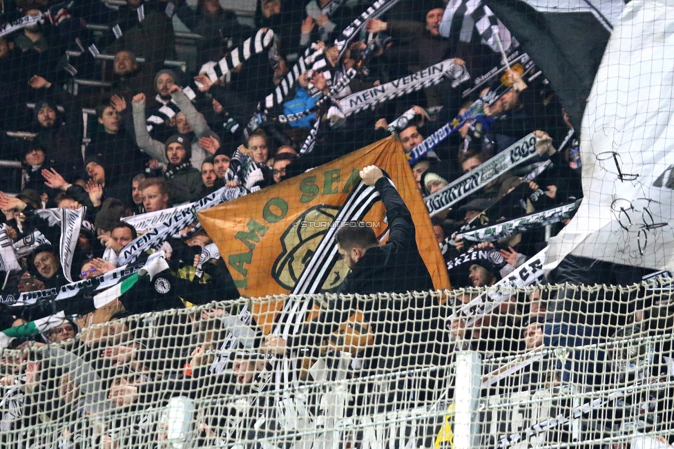 Rapid Wien - Sturm Graz
Oesterreichische Fussball Bundesliga, 15. Runde, SK Rapid Wien - SK Sturm Graz, Weststadion Wien, 24.11.2019. 

Foto zeigt Fans von Sturm
Schlüsselwörter: schals vorsaenger brigata