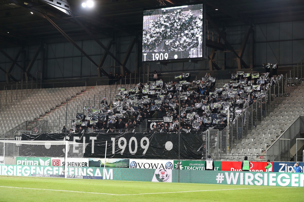 WSG Tirol - Sturm Graz
Oesterreichische Fussball Bundesliga, 16. Runde, WSG Tirol - SK Sturm Graz, Tivoli Neu Innsbruck, 30.11.2019. 

Foto zeigt Fans von Sturm mit einer Choreografie
