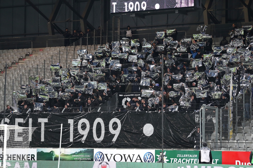 WSG Tirol - Sturm Graz
Oesterreichische Fussball Bundesliga, 16. Runde, WSG Tirol - SK Sturm Graz, Tivoli Neu Innsbruck, 30.11.2019. 

Foto zeigt Fans von Sturm mit einer Choreografie
