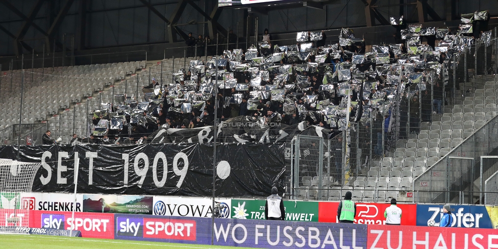 WSG Tirol - Sturm Graz
Oesterreichische Fussball Bundesliga, 16. Runde, WSG Tirol - SK Sturm Graz, Tivoli Neu Innsbruck, 30.11.2019. 

Foto zeigt Fans von Sturm mit einer Choreografie
