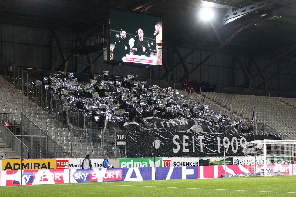 WSG Tirol - Sturm Graz
Oesterreichische Fussball Bundesliga, 16. Runde, WSG Tirol - SK Sturm Graz, Tivoli Neu Innsbruck, 30.11.2019. 

Foto zeigt Fans von Sturm mit einer Choreografie
