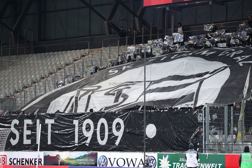 WSG Tirol - Sturm Graz
Oesterreichische Fussball Bundesliga, 16. Runde, WSG Tirol - SK Sturm Graz, Tivoli Neu Innsbruck, 30.11.2019. 

Foto zeigt Fans von Sturm mit einer Choreografie
