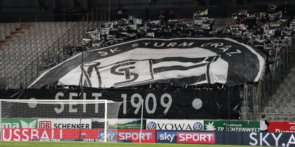 WSG Tirol - Sturm Graz
Oesterreichische Fussball Bundesliga, 16. Runde, WSG Tirol - SK Sturm Graz, Tivoli Neu Innsbruck, 30.11.2019. 

Foto zeigt Fans von Sturm mit einer Choreografie
