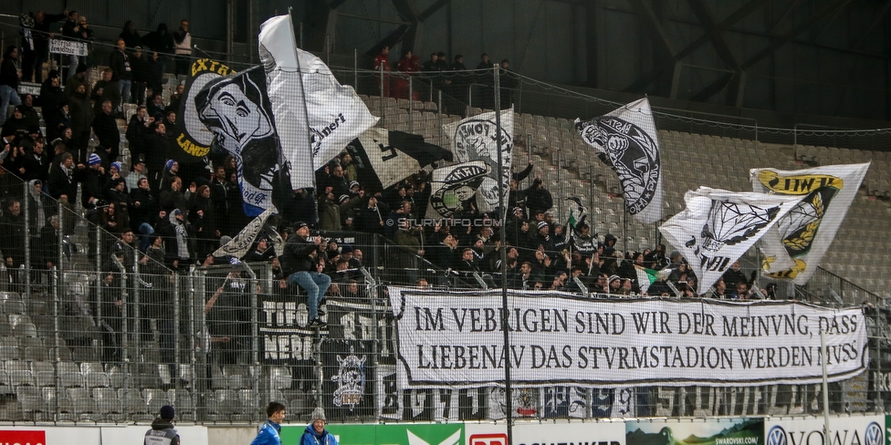 WSG Tirol - Sturm Graz
Oesterreichische Fussball Bundesliga, 16. Runde, WSG Tirol - SK Sturm Graz, Tivoli Neu Innsbruck, 30.11.2019. 

Foto zeigt Fans von Sturm mit einem Spruchband
Schlüsselwörter: protest sturmstadion