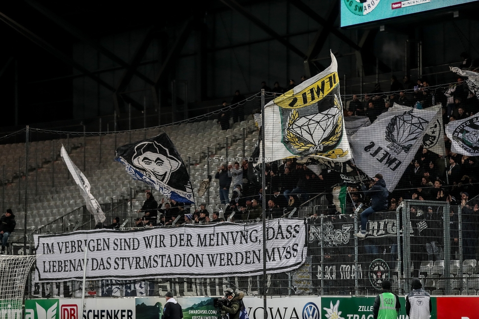 WSG Tirol - Sturm Graz
Oesterreichische Fussball Bundesliga, 16. Runde, WSG Tirol - SK Sturm Graz, Tivoli Neu Innsbruck, 30.11.2019. 

Foto zeigt Fans von Sturm mit einem Spruchband
Schlüsselwörter: protest sturmstadion