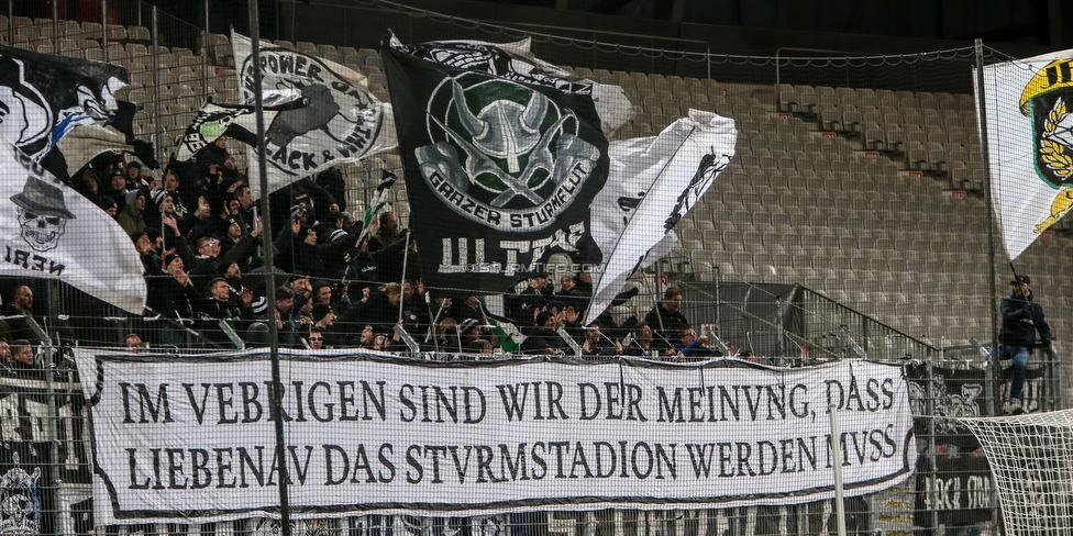 WSG Tirol - Sturm Graz
Oesterreichische Fussball Bundesliga, 16. Runde, WSG Tirol - SK Sturm Graz, Tivoli Neu Innsbruck, 30.11.2019. 

Foto zeigt Fans von Sturm mit einem Spruchband
Schlüsselwörter: protest sturmstadion sturmflut