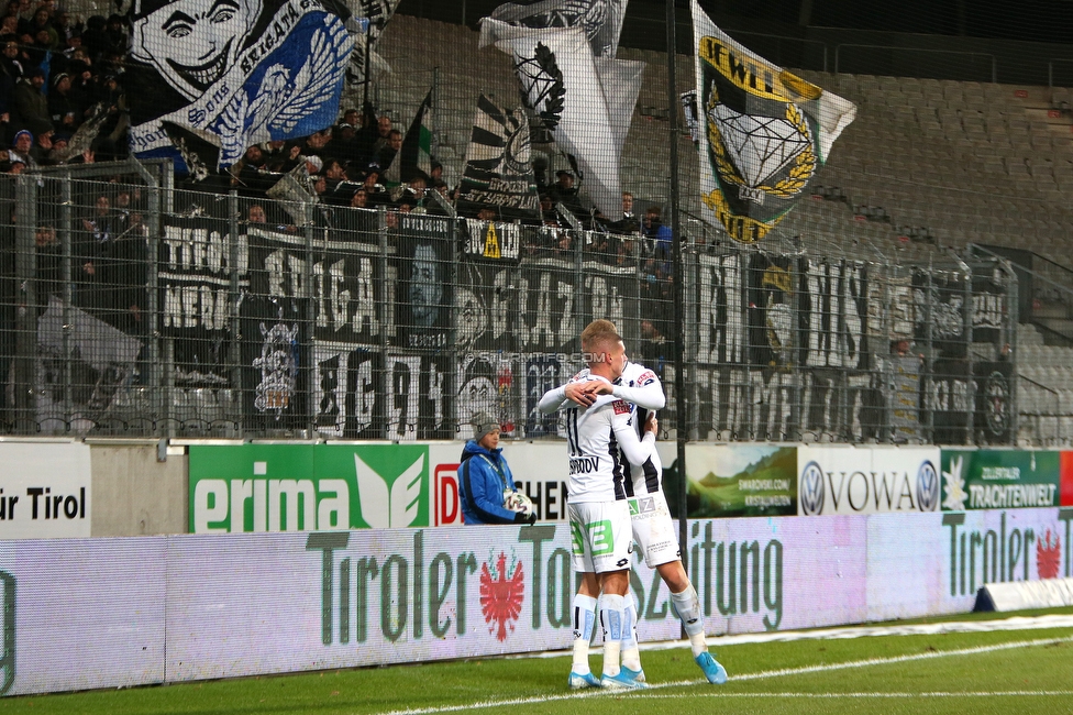 WSG Tirol - Sturm Graz
Oesterreichische Fussball Bundesliga, 16. Runde, WSG Tirol - SK Sturm Graz, Tivoli Neu Innsbruck, 30.11.2019. 

Foto zeigt Kiril Despodov (Sturm) und Bekim Balaj (Sturm)
Schlüsselwörter: torjubel