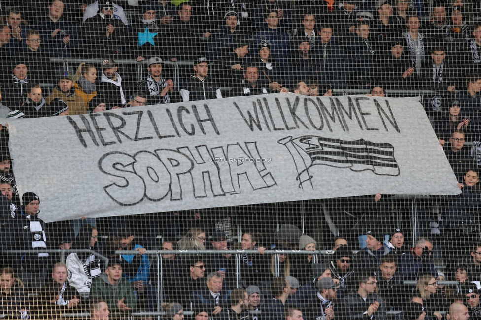 Sturm Graz - Altach
Oesterreichische Fussball Bundesliga, 17. Runde, SK Sturm Graz - SCR Altach, Stadion Liebenau Graz, 08.12.2019. 

Foto zeigt Fans von Sturm mit einem Spruchband
Schlüsselwörter: baby