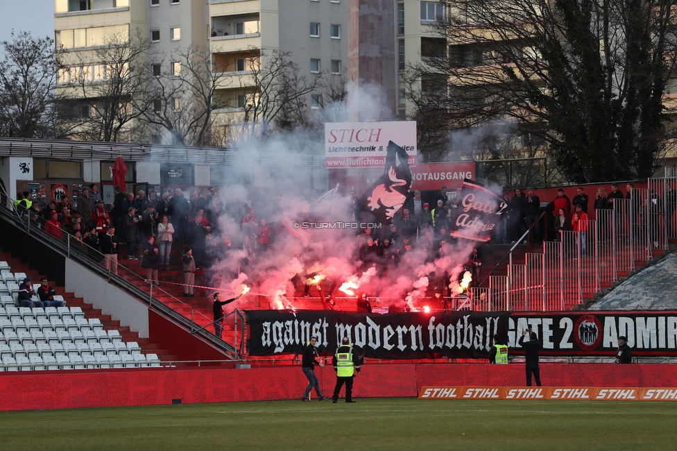 Admira Wacker - Sturm Graz
Oesterreichische Fussball Bundesliga, 20. Runde, FC Admira Wacker - SK Sturm Graz, Stadion Suedstadt Maria Enzersdorf, 22.02.2020. 

Foto zeigt Fans der Admira
Schlüsselwörter: pyrotechnik