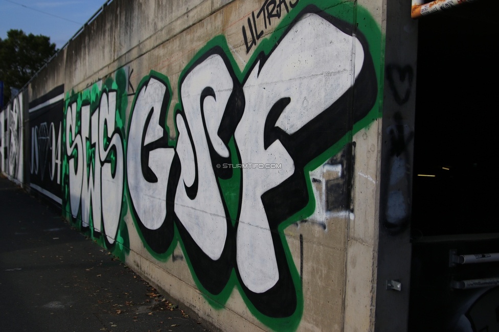 Sturm Graz - Rapid Wien
Oesterreichische Fussball Bundesliga, 2. Runde, SK Sturm Graz - SK Rapid Wien, Stadion Liebenau Graz, 19.09.2020. 

Foto zeigt ein Graffiti
Schlüsselwörter: sturmflut