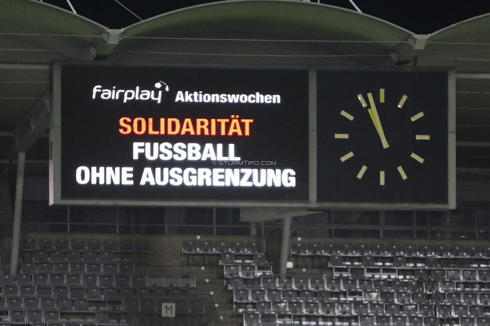 Sturm Graz - LASK
Oesterreichische Fussball Bundesliga, 6. Runde, SK Sturm Graz - LASK, Stadion Liebenau Graz, 01.11.2020. 

Foto zeigt die Anzeigetafel mit einer Information zu den Fairplay Aktionswochen
