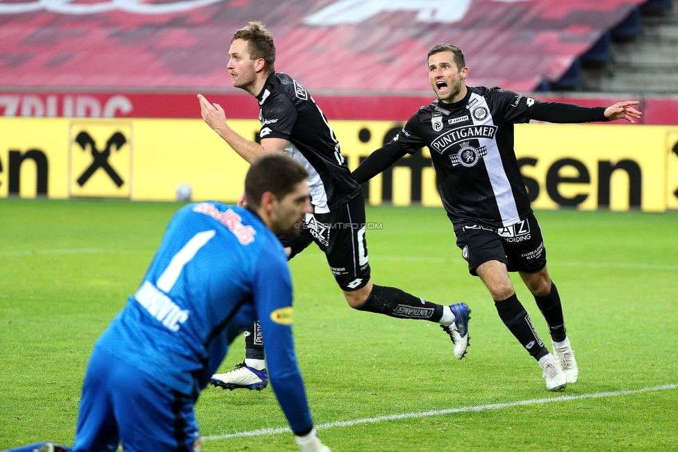 Hartberg - Sturm Graz
Oesterreichische Fussball Bundesliga, 2. Runde, TSV Hartberg - SK Sturm Graz, Arena Hartberg, 27.09.2020. 

Foto zeigt Jakob Jantscher (Sturm) und Andreas Kuen (Sturm)
Schlüsselwörter: torjubel