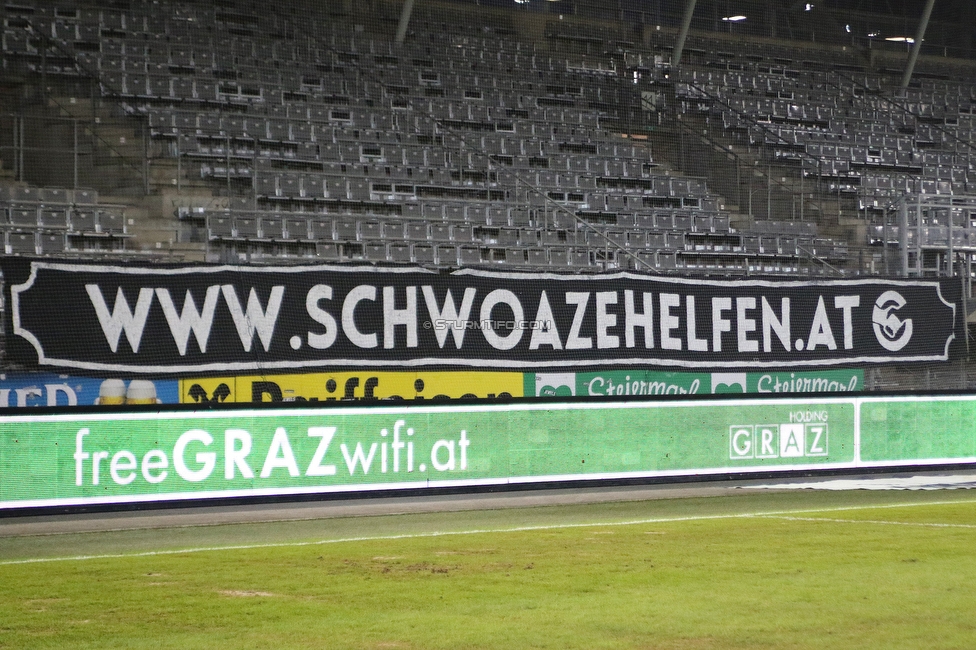 Sturm Graz - Tirol
Oesterreichische Fussball Bundesliga, 9. Runde, SK Sturm Graz - WSG Tirol, Stadion Liebenau Graz, 28.11.2020. 

Foto zeigt Fans von Sturm mit einem Spruchband
Schlüsselwörter: schwoazehelfen