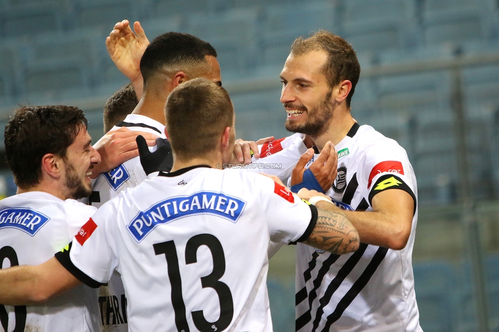 Sturm Graz - Admira Wacker
Oesterreichische Fussball Bundesliga, 11. Runde, SK Sturm Graz - FC Admira Wacker, Stadion Liebenau Graz, 12.12.2020. 

Foto zeigt Otar Kiteishvili (Sturm), Gregory Wuethrich (Sturm), Jakob Jantscher (Sturm) und Jon Gorenc-Stankovic (Sturm)
Schlüsselwörter: COVID19 geisterspiel torjubel