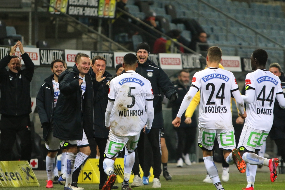 Sturm Graz - Admira Wacker
Oesterreichische Fussball Bundesliga, 11. Runde, SK Sturm Graz - FC Admira Wacker, Stadion Liebenau Graz, 12.12.2020. 

Foto zeigt Jakob Jantscher (Sturm), Gregory Wuethrich (Sturm) Sandro Ingolitsch (Sturm) und Amadou Dante (Sturm)
Schlüsselwörter: COVID19 geisterspiel torjubel