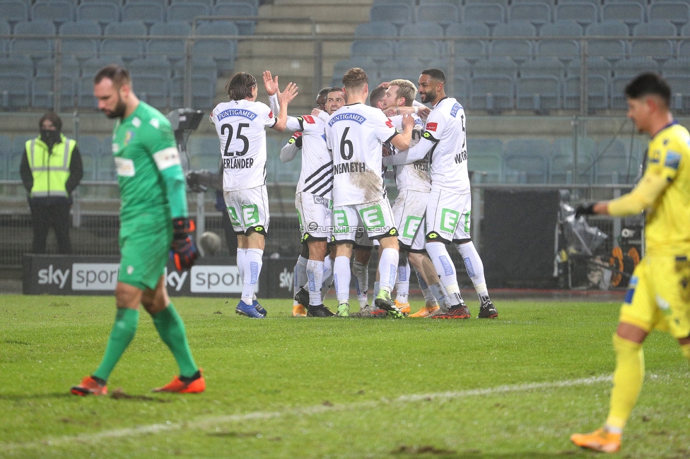 Sturm Graz - St. Poelten
Oesterreichische Fussball Bundesliga, 12. Runde, SK Sturm Graz - SKN St. Poelten, Stadion Liebenau Graz, 19.12.2020. 

Foto zeigt Stefan Hierlaender (Sturm), David Nemeth (Sturm), Kevin Friesenbichler (Sturm) und Gregory Wuethrich (Sturm)
Schlüsselwörter: COVID19 geisterspiel torjubel