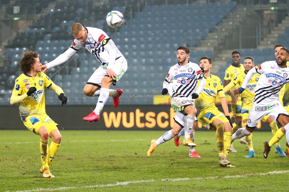 Sturm Graz - St. Poelten
Oesterreichische Fussball Bundesliga, 12. Runde, SK Sturm Graz - SKN St. Poelten, Stadion Liebenau Graz, 19.12.2020. 

Foto zeigt Bekim Balaj (Sturm)
Schlüsselwörter: COVID19 geisterspiel kopfball