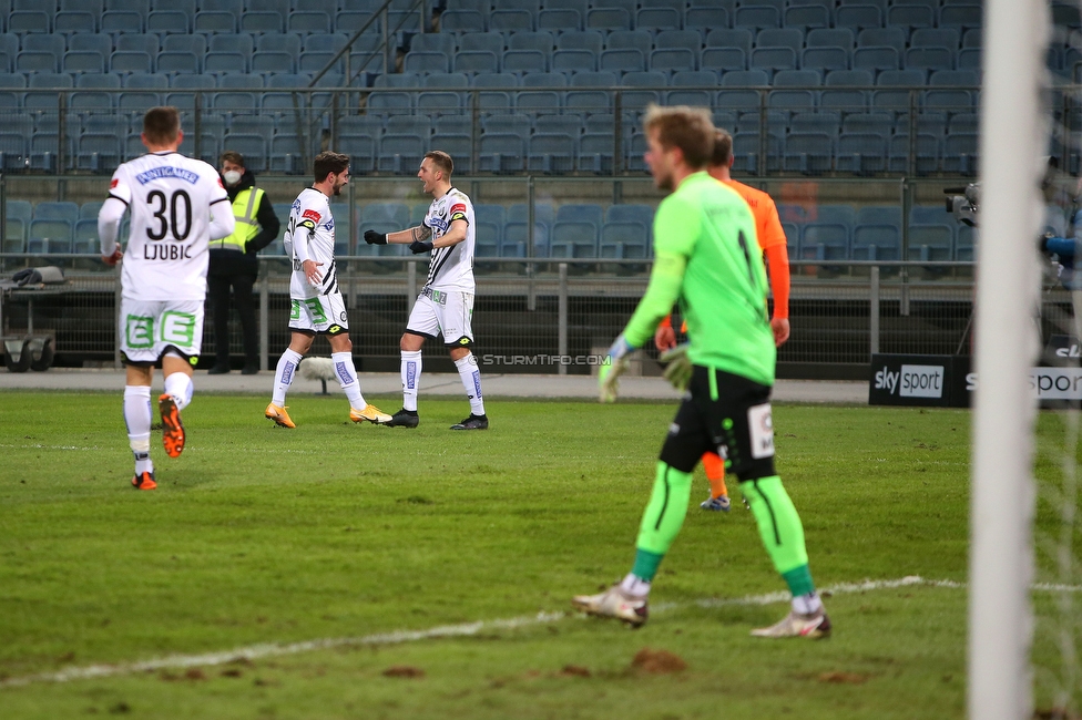 Sturm Graz - Hartberg
Oesterreichische Fussball Bundesliga, 14. Runde, SK Sturm Graz - TSV Hartberg, Stadion Liebenau Graz, 26.01.2021. 

Foto zeigt Ivan Ljubic (Sturm), Otar Kiteishvili (Sturm), Jakob Jantscher (Sturm) und Rene Swete (Hartberg)
Schlüsselwörter: COVID19 geisterspiel