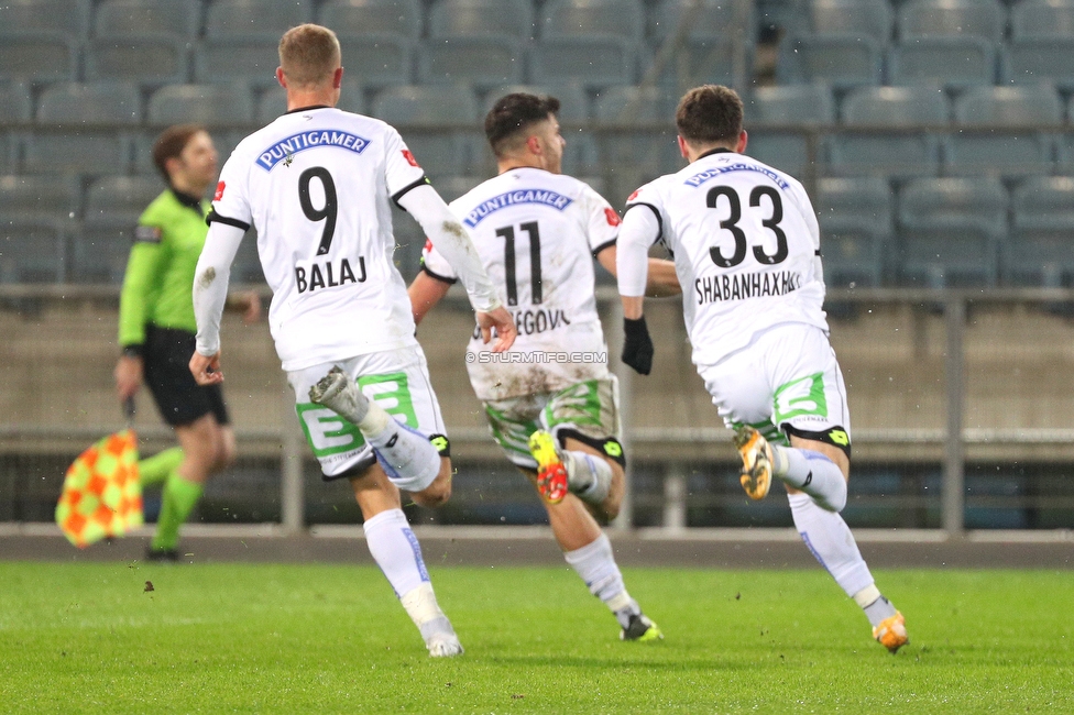 Sturm Graz - Ried
Oesterreichische Fussball Bundesliga, 16. Runde, SK Sturm Graz - SV Ried, Stadion Liebenau Graz, 09.02.2021. 

Foto zeigt Bekim Balaj (Sturm), Jusuf Gazibegovic (Sturm) und Dardan Shabanhaxhaj (Sturm)
Schlüsselwörter: COVID19 geisterspiel torjubel