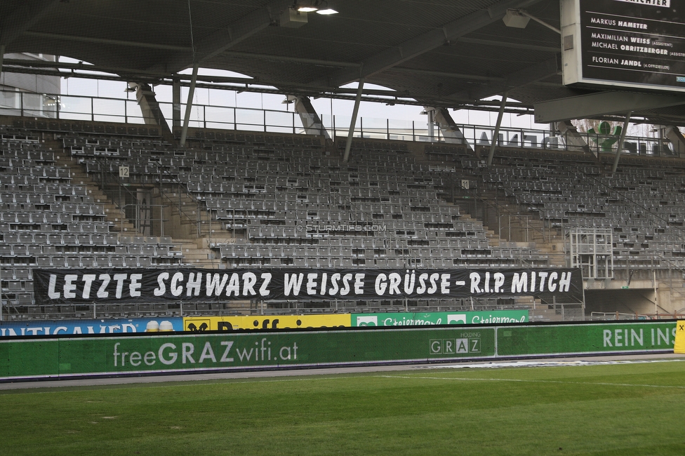 Sturm Graz - Wolfsberg
Oesterreichische Fussball Bundesliga, 18. Runde, SK Sturm Graz - Wolfsberger AC, Stadion Liebenau Graz, 21.02.2021. 

Foto zeigt Fans von Sturm mit einem Spruchband
Schlüsselwörter: COVID19 geisterspiel todesfall sws