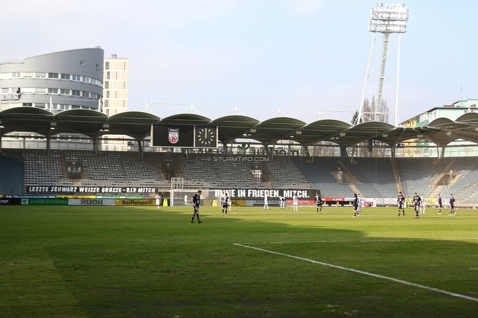 Sturm Graz - Wolfsberg
Oesterreichische Fussball Bundesliga, 18. Runde, SK Sturm Graz - Wolfsberger AC, Stadion Liebenau Graz, 21.02.2021. 

Foto zeigt Fans von Sturm mit einem Spruchband, die Mannschaft von Sturm und die Mannschaft von Wolfsberg
Schlüsselwörter: COVID19 geisterspiel todesfall sws