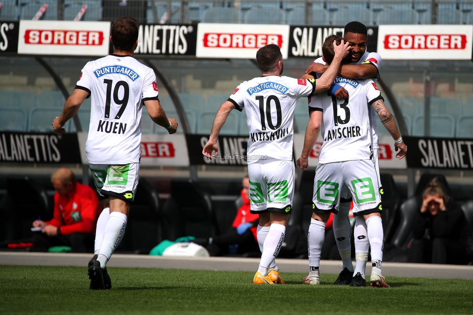 Sturm Graz - WSG Tirol
Oesterreichische Fussball Bundesliga, 24. Runde, SK Sturm Graz - WSG Tirol, Stadion Liebenau Graz, 11.04.2021. 

Foto zeigt Andreas Kuen (Sturm), Otar Kiteishvili (Sturm), Jakob Jantscher (Sturm) und Gregory Wuethrich (Sturm)
Schlüsselwörter: COVID19 geisterspiel torjubel