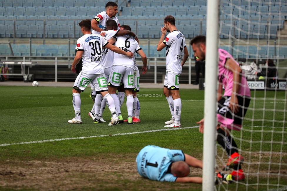 Sturm Graz - LASK
Oesterreichische Fussball Bundesliga, 27. Runde, SK Sturm Graz - LASK, Stadion Liebenau Graz, 25.04.2021. 

Foto zeigt Ivan Ljubic (Sturm), Kelvin Yeboah (Sturm), David Nemeth (Sturm) und Jon Gorenc-Stankovic (Sturm)
Schlüsselwörter: COVID19 geisterspiel torjubel