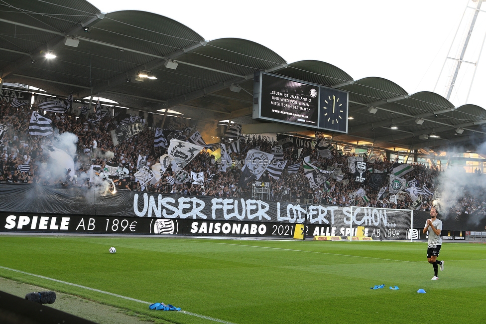 Sturm Graz - RB Salzburg
Oesterreichische Fussball Bundesliga, 1. Runde, SK Sturm Graz - FC RB Salzburg, Stadion Liebenau Graz, 23.07.2021. 

Foto zeigt Fans von Sturm mit einem Spruchband
Schlüsselwörter: pyrotechnik