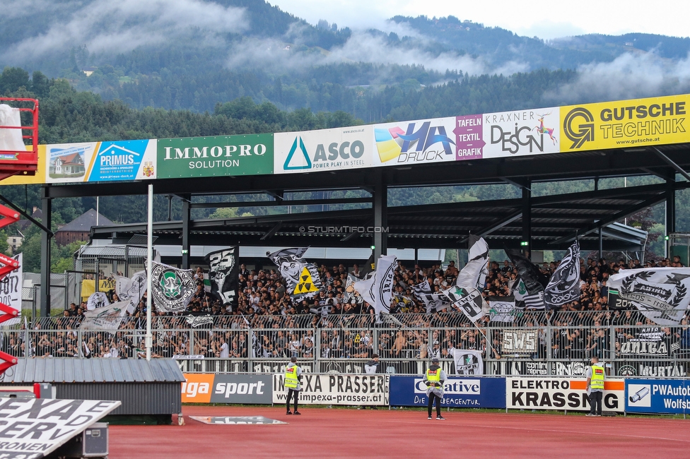 Wolfsberg - Sturm Graz
Oesterreichische Fussball Bundesliga, 2. Runde, Wolfsberger AC - SK Sturm Graz, Lavanttal Arena Wolfsberg, 01.08.2021. 

Foto zeigt Fans von Sturm
