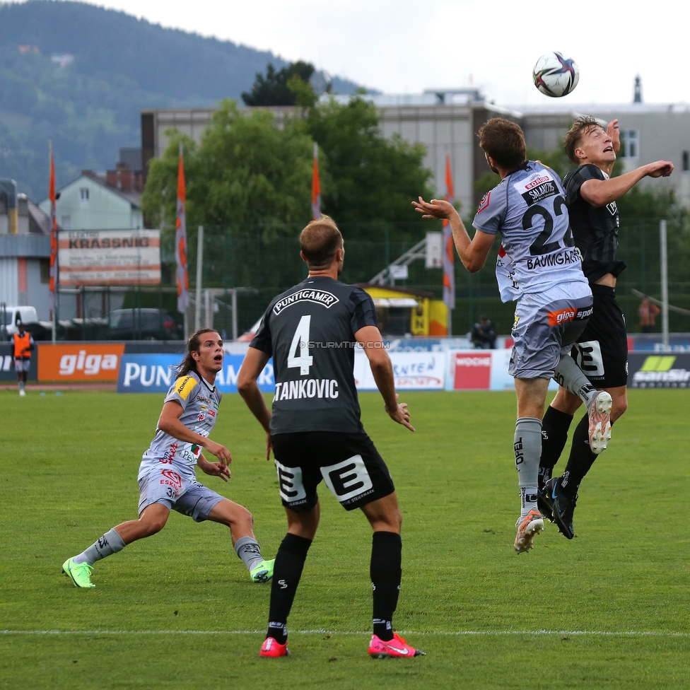 Wolfsberg - Sturm Graz
Oesterreichische Fussball Bundesliga, 2. Runde, Wolfsberger AC - SK Sturm Graz, Lavanttal Arena Wolfsberg, 01.08.2021. 

Foto zeigt Dominik Baumgartner (Wolfsberg) und David Affengruber
Schlüsselwörter: kopfball