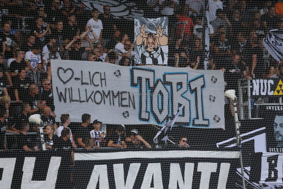 Sturm Graz - Altach
Oesterreichische Fussball Bundesliga, 3. Runde, SK Sturm Graz - SCR Altach, Stadion Liebenau Graz, 07.08.2021. 

Foto zeigt Fans von Sturm mit einem Spruchband
Schlüsselwörter: brigata baby