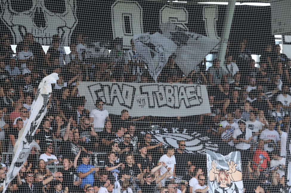 Sturm Graz - Altach
Oesterreichische Fussball Bundesliga, 3. Runde, SK Sturm Graz - SCR Altach, Stadion Liebenau Graz, 07.08.2021. 

Foto zeigt Fans von Sturm mit einem Spruchband
Schlüsselwörter: tifosi baby