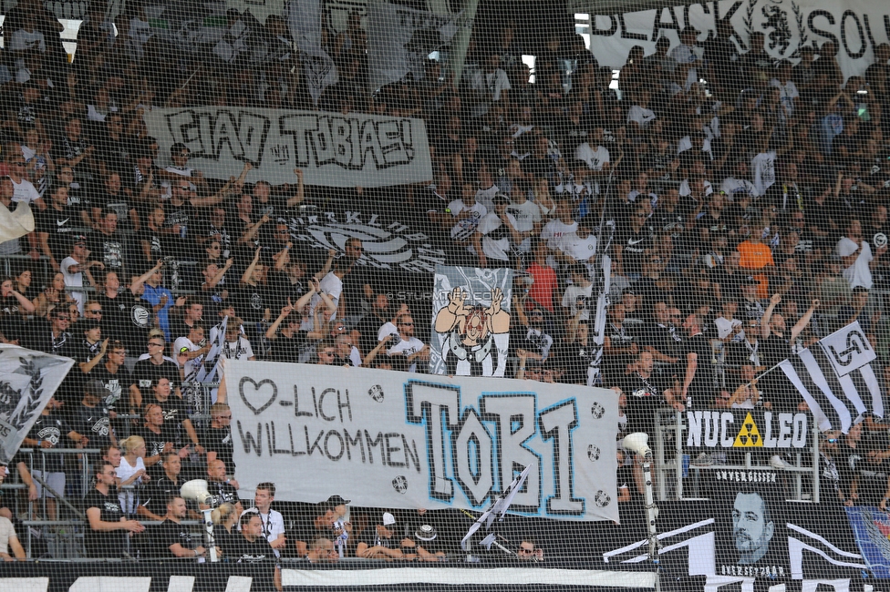 Sturm Graz - Altach
Oesterreichische Fussball Bundesliga, 3. Runde, SK Sturm Graz - SCR Altach, Stadion Liebenau Graz, 07.08.2021. 

Foto zeigt Fans von Sturm mit einem Spruchband
Schlüsselwörter: brigata baby tifosi