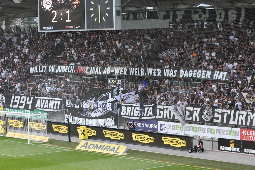 Sturm Graz - Altach
Oesterreichische Fussball Bundesliga, 3. Runde, SK Sturm Graz - SCR Altach, Stadion Liebenau Graz, 07.08.2021. 

Foto zeigt Fans von Sturm mit einem Spruchband
Schlüsselwörter: VAR