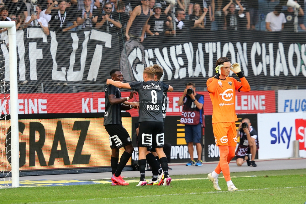 Sturm Graz - Altach
Oesterreichische Fussball Bundesliga, 3. Runde, SK Sturm Graz - SCR Altach, Stadion Liebenau Graz, 07.08.2021. 

Foto zeigt Kelvin Yeboah (Sturm) und Alexander Prass (Sturm)
Schlüsselwörter: torjubel