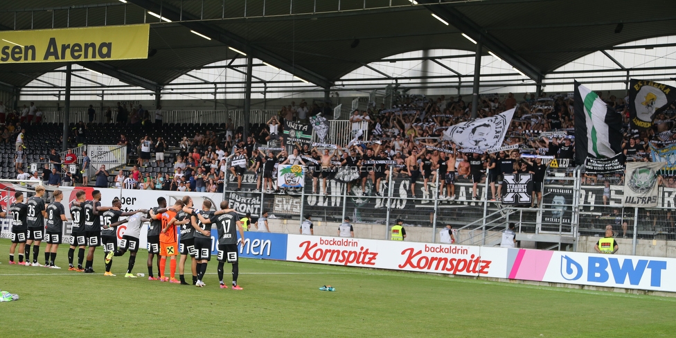 LASK - Sturm Graz
Oesterreichische Fussball Bundesliga, 4. Runde, LASK - SK Sturm Graz, Waldstadion Pasching, 15.08.2021. 

Foto zeigt die Mannschaft von Sturm und Fans von Sturm
Schlüsselwörter: jubel