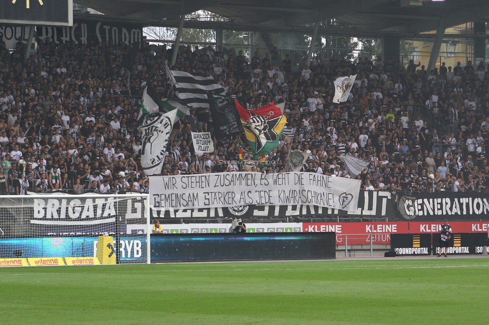 Sturm Graz - Austria Wien
Oesterreichische Fussball Bundesliga, 5. Runde, SK Sturm Graz - FK Austria Wien, Stadion Liebenau Graz, 22.08.2021. 

Foto zeigt Fans von Sturm mit einem Spruchband
Schlüsselwörter: sturmflut