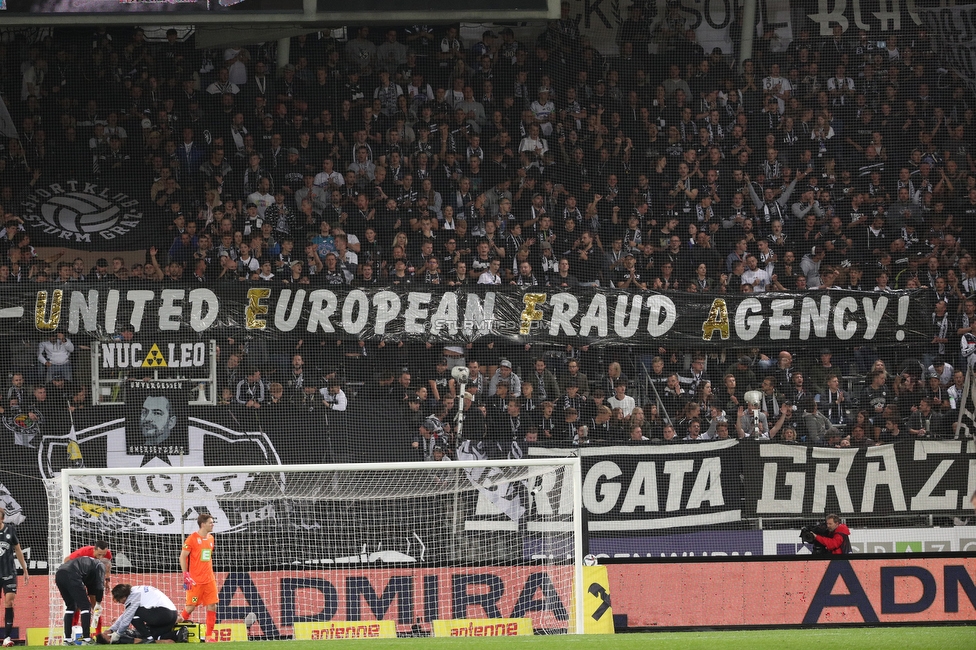 Sturm Graz - Mura
UEFA Europa League Playoff, SK Sturm Graz - NS Mura, Stadion Liebenau Graz, 26.08.2021. 

Foto zeigt Fans von Sturm mit einem Spruchband
Schlüsselwörter: uefa