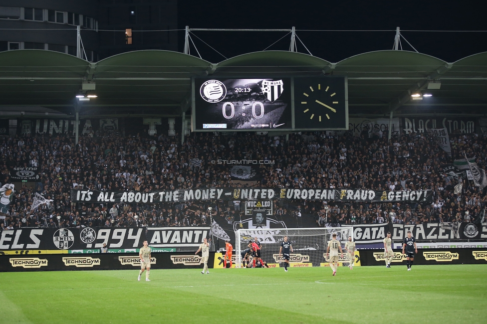 Sturm Graz - Mura
UEFA Europa League Playoff, SK Sturm Graz - NS Mura, Stadion Liebenau Graz, 26.08.2021. 

Foto zeigt Fans von Sturm mit einem Spruchband
Schlüsselwörter: uefa