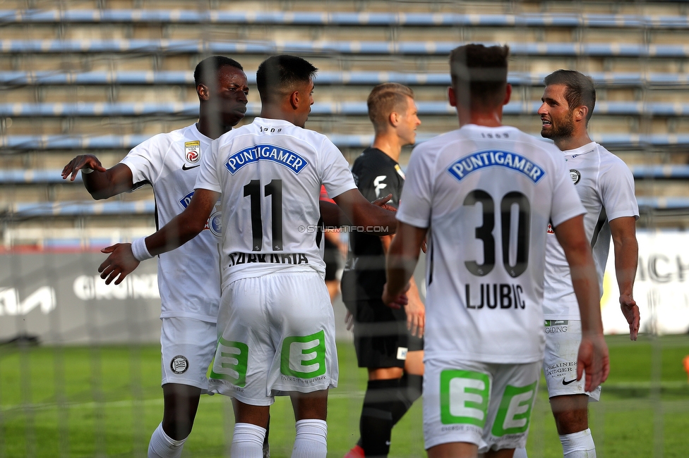 Admira Wacker - Sturm Graz
Oesterreichische Fussball Bundesliga, 6. Runde, FC Admira Wacker - SK Sturm Graz, Stadion Suedstadt Maria Enzersdorf, 29.08.2021. 

Foto zeigt Kelvin Yeboah (Sturm), Manprit Sarkaria (Sturm) und Ivan Ljubic (Sturm)
Schlüsselwörter: torjubel