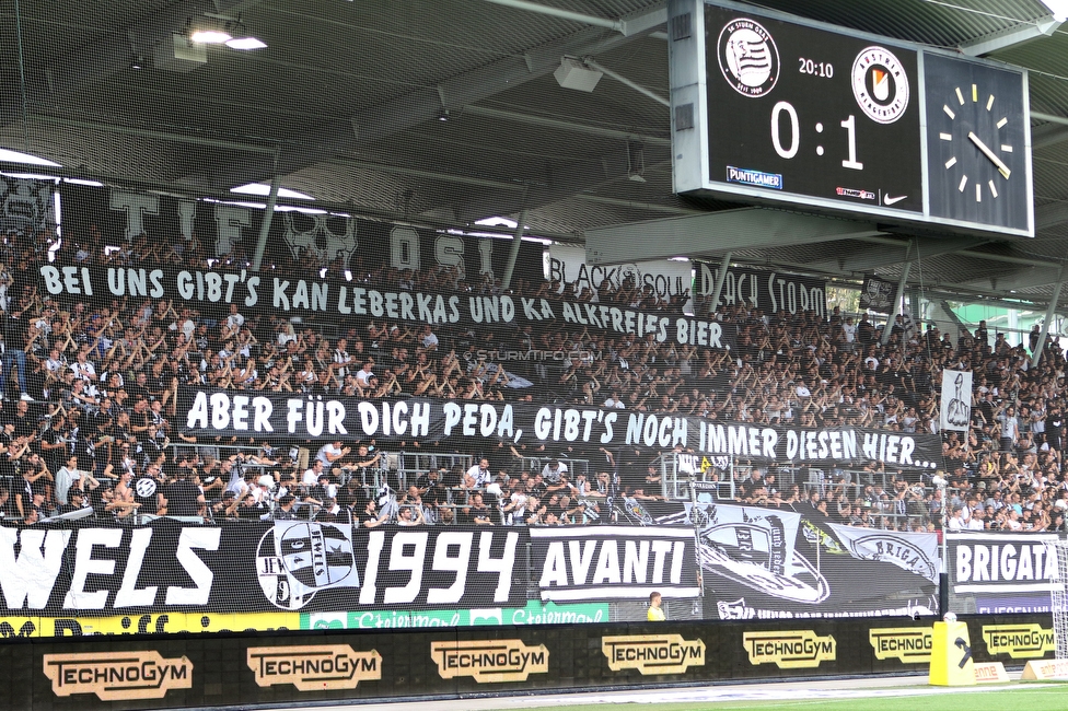 Sturm Graz - Austria Klagenfurt
Oesterreichische Fussball Bundesliga, 7. Runde, SK Sturm Graz - SK Austria Klagenfurt, Stadion Liebenau Graz, 12.09.2021. 

Foto zeigt Fans von Sturm mit einem Spruchband
Schlüsselwörter: pacult