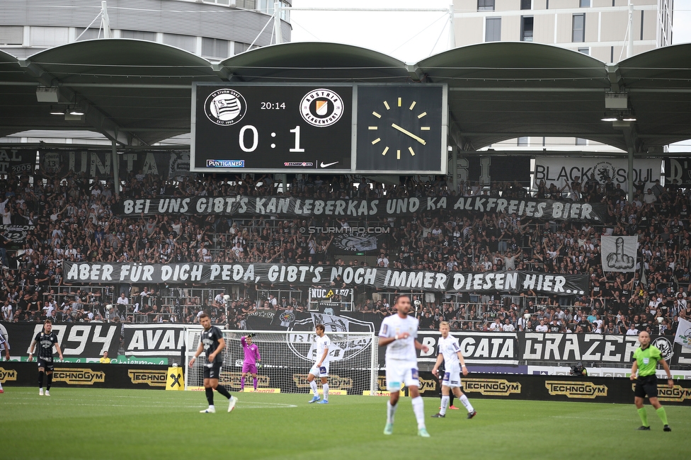 Sturm Graz - Austria Klagenfurt
Oesterreichische Fussball Bundesliga, 7. Runde, SK Sturm Graz - SK Austria Klagenfurt, Stadion Liebenau Graz, 12.09.2021. 

Foto zeigt Fans von Sturm mit einem Spruchband
Schlüsselwörter: pacult