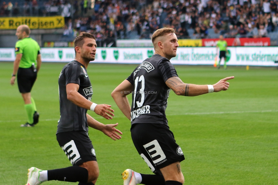 Sturm Graz - Austria Klagenfurt
Oesterreichische Fussball Bundesliga, 7. Runde, SK Sturm Graz - SK Austria Klagenfurt, Stadion Liebenau Graz, 12.09.2021. 

Foto zeigt Andreas Kuen (Sturm) und Jakob Jantscher (Sturm)
Schlüsselwörter: torjubel