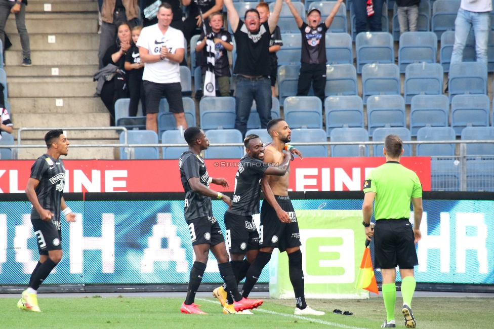 Sturm Graz - Austria Klagenfurt
Oesterreichische Fussball Bundesliga, 7. Runde, SK Sturm Graz - SK Austria Klagenfurt, Stadion Liebenau Graz, 12.09.2021. 

Foto zeigt Manprit Sarkaria (Sturm), Kelvin Yeboah (Sturm), Anderson Niangbo (Sturm) und Gregory Wuethrich (Sturm)
Schlüsselwörter: torjubel