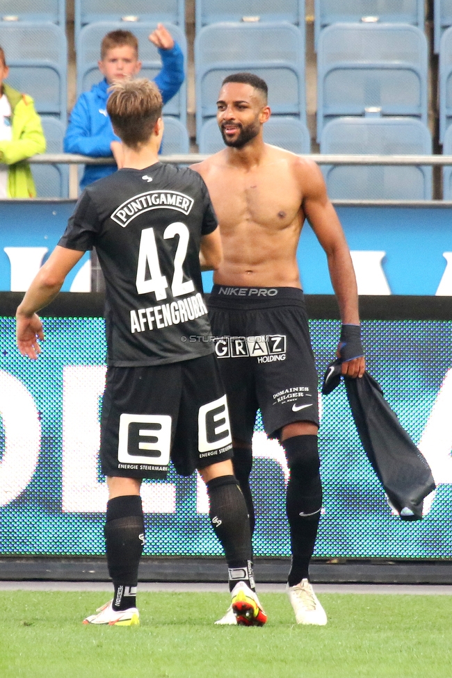 Sturm Graz - Austria Klagenfurt
Oesterreichische Fussball Bundesliga, 7. Runde, SK Sturm Graz - SK Austria Klagenfurt, Stadion Liebenau Graz, 12.09.2021. 

Foto zeigt David Affengruber (Sturm) und Gregory Wuethrich (Sturm)
Schlüsselwörter: torjubel