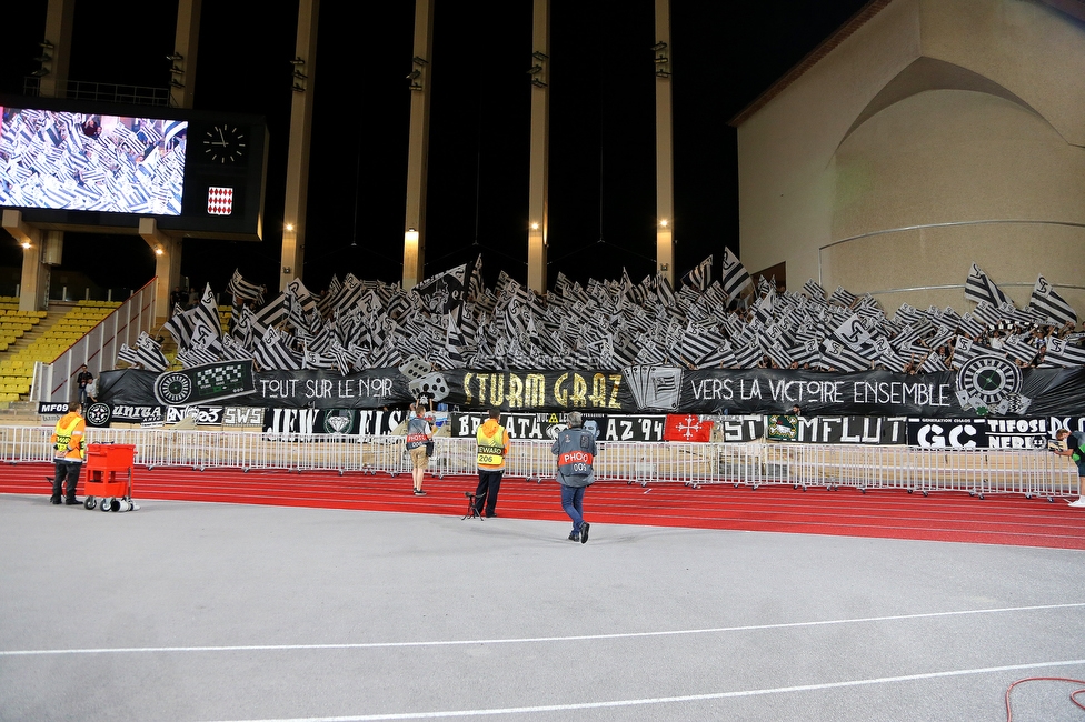 Monaco - Sturm Graz
UEFA Europa League Gruppenphase 1. Spieltag, AS Monaco - SK Sturm Graz, Stade Louis II, Monaco, 16.09.2021. 

Foto zeigt Fans von Sturm mit einer Choreografie
