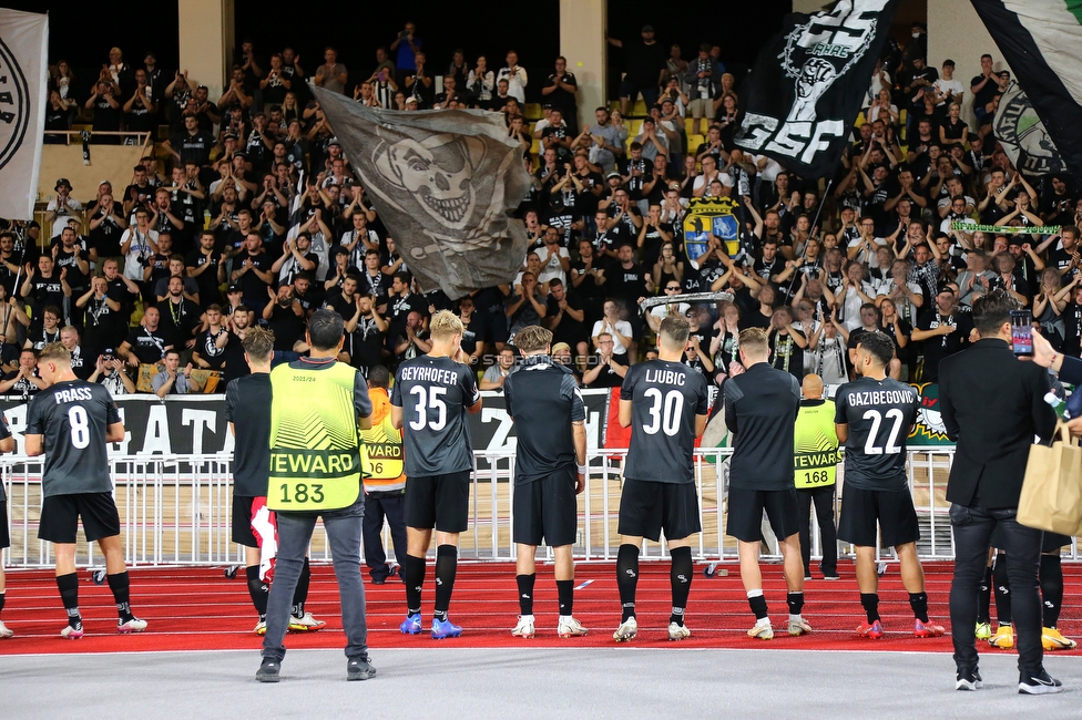 Monaco - Sturm Graz
UEFA Europa League Gruppenphase 1. Spieltag, AS Monaco - SK Sturm Graz, Stade Louis II, Monaco, 16.09.2021. 

Foto zeigt die Mannschaft von Sturm und Fans von Sturm
